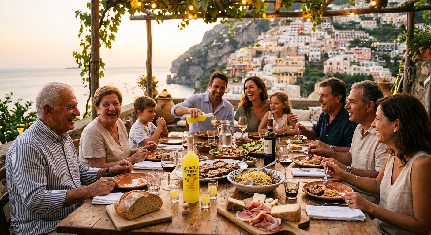 Family gathered at a long Italian table overlooking the coast