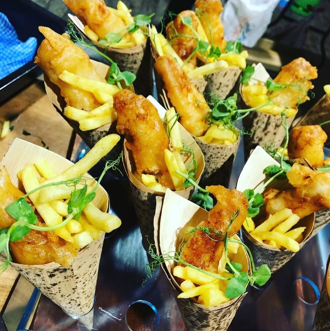 Mini fish and chip cones with pea shoots